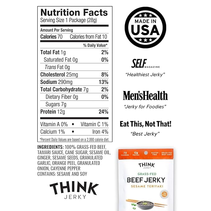 Think Jerky Sesame Teriyaki Beef Jerky, Grass-Fed High Protein Beef, Gluten Free, No Antibiotics or Nitrates, Healthy Chef Crafted Recipe, Low Calorie and Low Fat - 1.0 oz Bags, 12 Pack