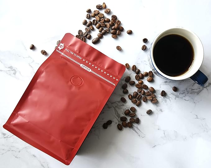 100 Count 16oz Red Coffee Bags with Aluminum Foil Liner, High Barrier Coffee Pouches with Degassing Valve, Ziplock Food Storage Bags with Pull Tape, Pack of 100, 16oz/1lb/500gram
