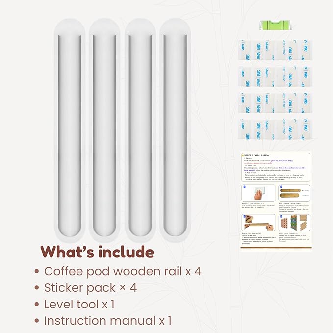 Bamboo Coffee Pod Holder, Adhesive Wall Mount (No Drilling) for Cabinet Door, 36-Capsule Storage (Set of 4) — Vertical/Horizontal — Compatible with Nespresso Original Line-White
