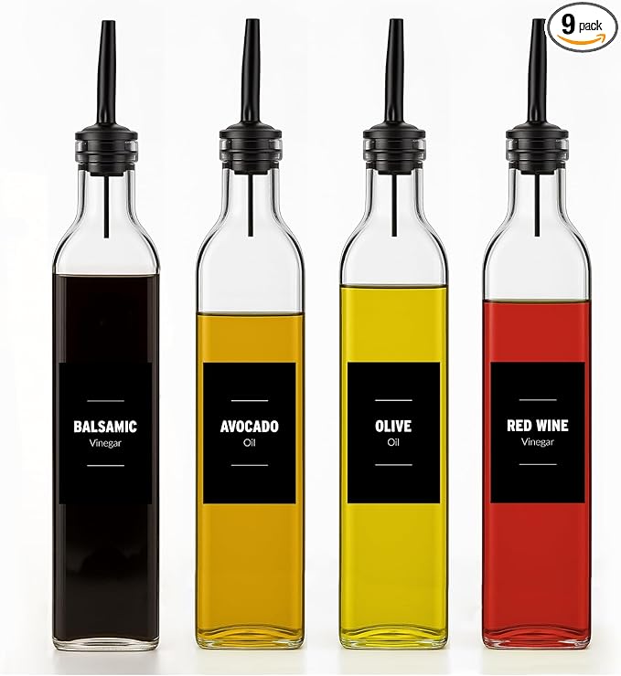 Olive Oil & Vinegar Dispenser Bottle Set with Stainless Steel Pourer, Funnel & Labels - Glass Kitchen Oil Cruet - Dispenser Bottle for Coffee Syrup, Soy Sauce, Cooking Sauces & More - 500ml - Set of 4