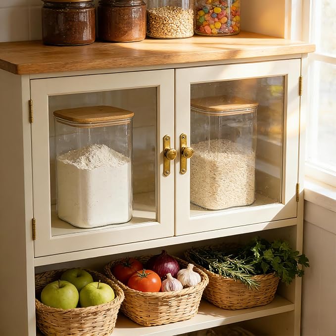 KEYWING 145oz Glass Flour Storage Containers with Bamboo Lids, Set of 2 Large Square Pantry Jars, Big Wide Mouth Canisters for Sugar, Rice, Cereal, Beans, Cookie & Dry Goods
