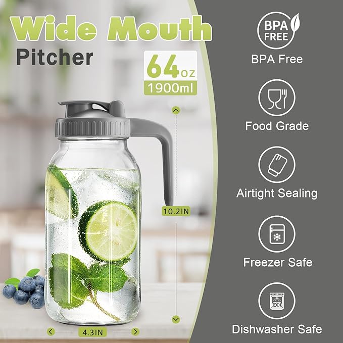 Mason Jar with Pour Spout Lid V-shaped, 64 oz Iced Tea Pitcher with Lids Double Leak Proof, 2 Quart Drink Pitcher for Breastmilk, Sun Tea, Juice, Coffee Creamer, Juice Containers