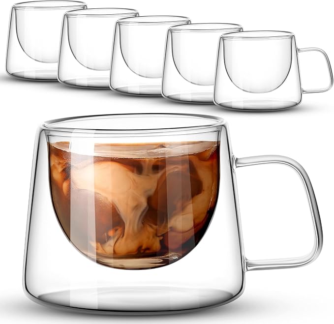 Rtteri 6 Pcs 6.7 oz Double Wall Glass Coffee Mugs Espresso Mugs with Square Handle Glass Cappuccino Cups Tea Clear Coffee Insulated Cups Gift Set for Latte Tea Bag Beverage Cafe Kitchen