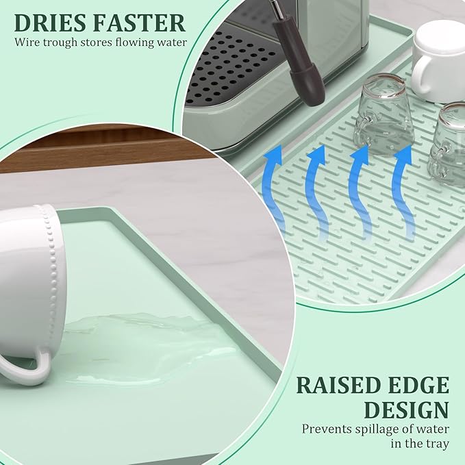 Silicone Coffee Mat Set - Includes Removable Drying Pad, Raised Edges for Non-Leak and Non-Slip, Suitable for Kitchen Coffee Machines and Countertop Protection, Bar Decor Pad (Green, 24" x 16")