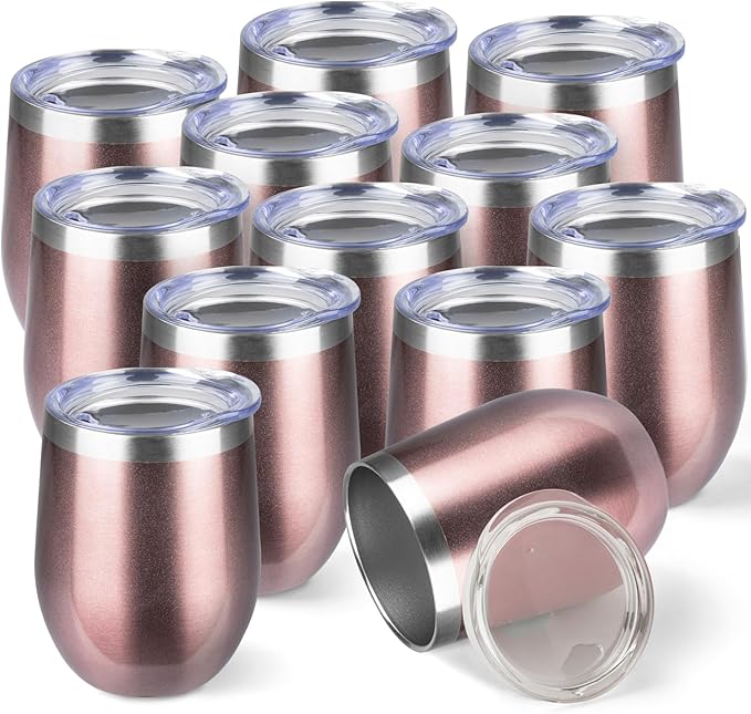 StarSpeed 12oz/12 Pack Wine Tumbler with lid, Stainless Steel Travel Mugs Stemless Double Wall Insulated Coffee Cup, Insulated Wine Glasses Travel Tumbler for Cold & Hot Drinks(Rose Gold, 12)