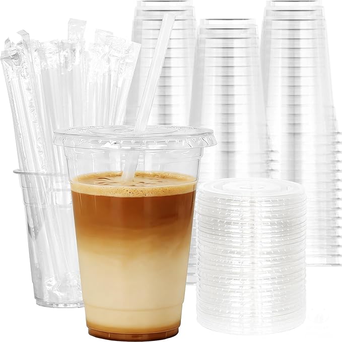 Coolcap 16 oz 100 Pack Disposable Clear Plastic Cups with Lids and Straws, Food Safe Bulk Iced Coffee Cups for Smoothies, Milkshakes and Other Cold Drinks