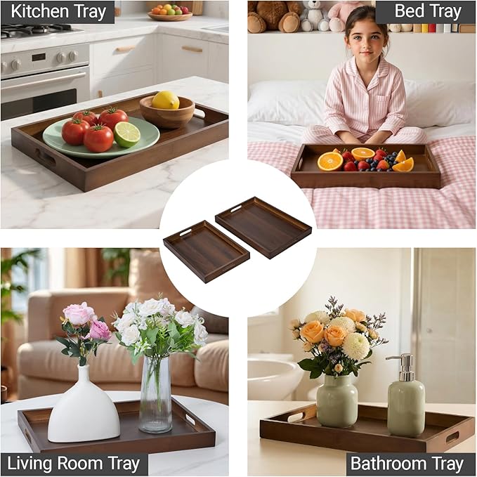 14.9''x10.2''x1.57'' Bamboo Wooden Tray with Handles, Rectangular Natural Solid Wood, Walnut Dark Brown Color Serving Tray.Suitable for Kitchen,Bedroom,Breakfast,Coffee,Decorative,Party Bars.