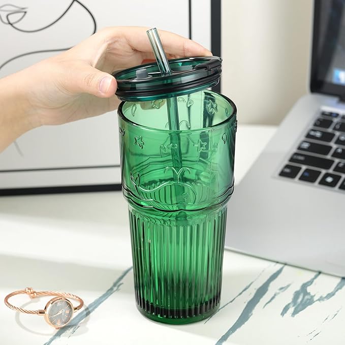 Joeyan Green Glass Tumbler with Lid and Straw,Embossed Iced Coffee Cups with Whale Pattern,Colored Striped Drinking Jars,Water Juice Beverages Soda Glasses,18.5 oz,Set of 2,Dishwasher Safe