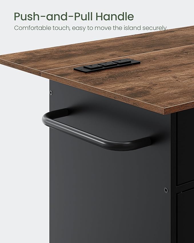 Kitchen Island, Kitchen Island Cart with One Double Cabinet and Drawer, Rolling Storage Cart with Power Strip, with Drop Leaf, for Kitchen, Living Room, Black and Rustic Brown MZD01UBFN1