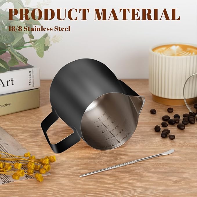 Milk Frothing Pitcher, 12oz Milk Frother Cup with Clear Scale, 304 Stainless Steel Cappuccino Espresso Machine Accessories for Barista Coffee Bar with Latte Art Pen, Black