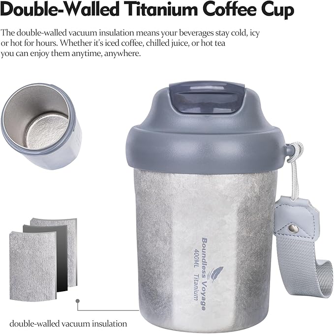 iBasingo Titanium Coffee Cup 400ml Insulated Travel Mug Spill Proof with Sliding Lid Reusable Double Wall Tea Cup Car Coffee Tumbler for Keeping Hot/Ice Water Tea Beer Ti3236D