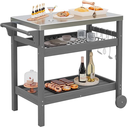 SERWALL Outdoor Grill Cart Pizza Oven Stand Trolley Table with Wheels Three-Shelf Movable Food Prep and Work Table, Grey