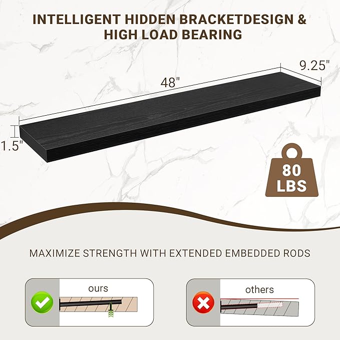 48 Inch Floating Shelves, 48"x9.25"x1.5" Inch Deep Floating Shelves for Wall, Wooden Shelves for Bathroom, Bedroom, Living Room, Black, 1 Piece