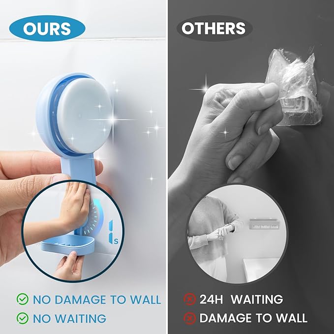 TAILI Soap Dish Bar Holder Suction Cup,Soap Saver with Powerful Vacuum Suction,Sponge Holder for Shower,Bathroom,Tub and Kitchen Sink, Universal Shower Accessories,Drill-Free,Removable,Blue