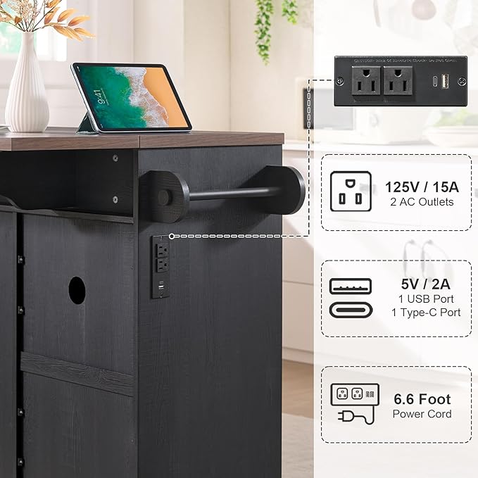 57" Kitchen Island with Storage — Kitchen Rolling Island with Trash Can Storage Cabinet, Power Outlet & Drop Leaf, Large Mobile Island Cart on Wheels with Spice & Towel Rack, Knife Holder (Black)