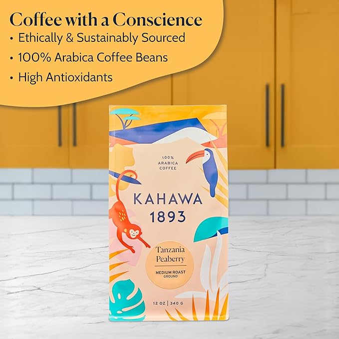 Kahawa 1893 Ground Coffee Medium-Light Roast Tanzania Peaberry Blend 12 Oz - As Seen on Shark Tank, High Antioxidants, Naturally Sweet, Organically Grown, Ethically & Sustainably Sourced