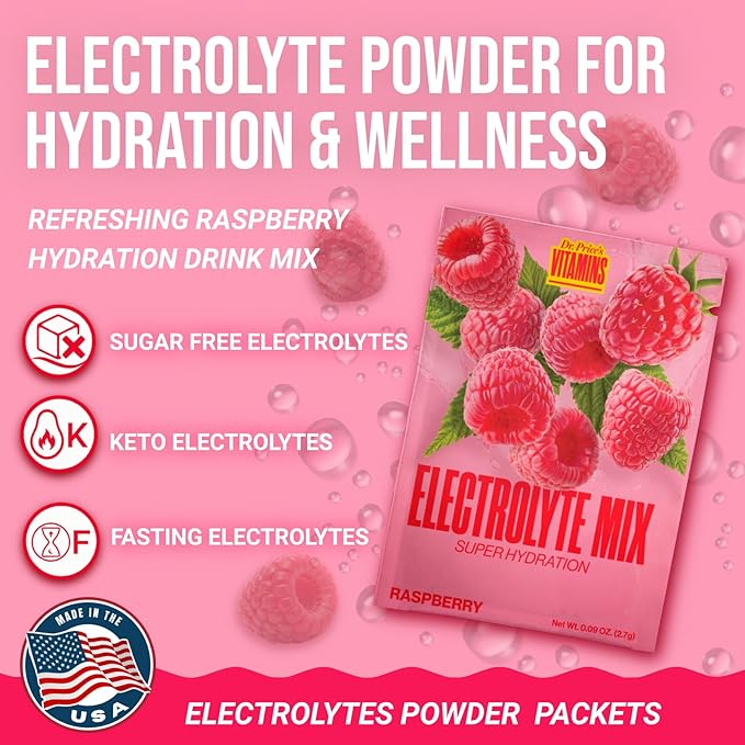 Dr. Price’s Electrolytes Hydration Powder Packets – Raspberry, 30 Packs | Sugar Free Electrolyte Drink Mix, 72+ Trace Minerals, Manganese | Keto Electrolytes, Vegan, Doctor-Formulated, Made in USA