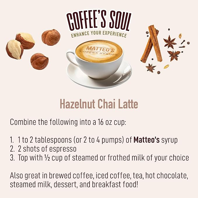Matteo's Hazelnut Chai Syrup for Coffee, Lattes, Cappuccinos & Desserts – Sugar-Free Sweetener for Beverages, Keto Friendly, Zero Calories, Indulgent Flavor, Non-Alcoholic, 33.8oz (6pk)
