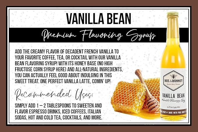 Bee in Your Bonnet Premium Flavoring Syrup - Made with Real Honey & Natural Ingredients - Perfect for Coffee Flavoring, Cocktails & Drinks - Vanilla Bean Flavoring - 12 Ounce Bottle