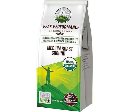 Peak Performance High Altitude Organic Coffee - Fair Trade, Low Acid, Non GMO, and Beans Full of Antioxidants - Medium Roast Smooth Tasting USDA Certified Organic Ground Coffee Bag 12 oz