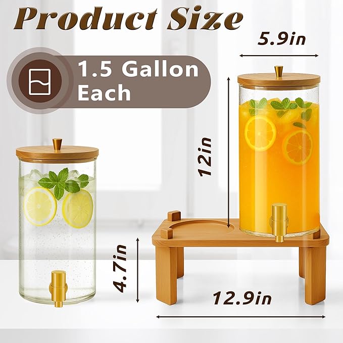 VERSSURE 2PCS Drink Dispenser, 1.5 Gallon Each Glass Beverage Dispenser with Wood Stand and Stainless Steel Faucet Ideal for Juice, Lemonade, and Tea,Large Drink Dispenser for Parties and Home Use