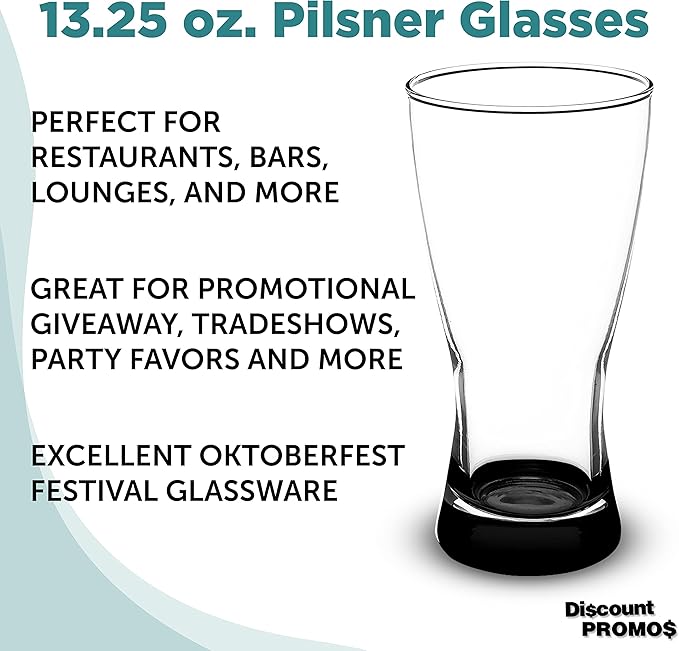 DISCOUNT PROMOS Pilsner Glasses 13.25 oz. Set of 12, Bulk Pack - Made in the USA, Perfect for Hotels, Restaurants, Bars and Even Party Favors - Black