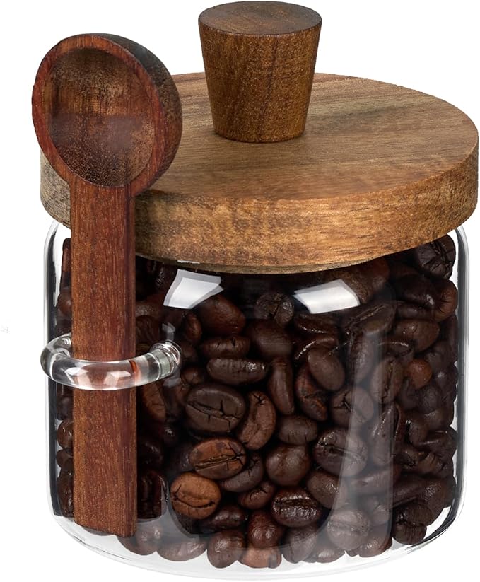 Glass Coffee Bean Storage Container, Wood Lid with Spoon, Airtight Silicone Seal, BPA-Free (400ML/13.53OZ)