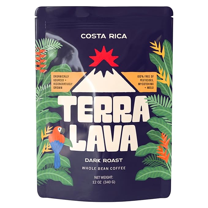 Terra Lava Whole Bean Coffee – Single-Origin Costa Rican Arabica, Lab-Tested for Purity, Mold-Free & Mycotoxin-Free, Low-Acid, Small-Batch Roasted – 12 oz (Dark Roast)
