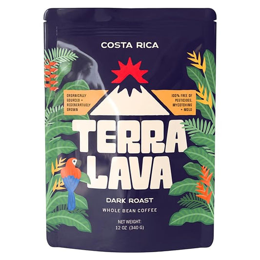Terra Lava Whole Bean Coffee – Single-Origin Costa Rican Arabica, Lab-Tested for Purity, Mold-Free & Mycotoxin-Free, Low-Acid, Small-Batch Roasted – 12 oz (Dark Roast)