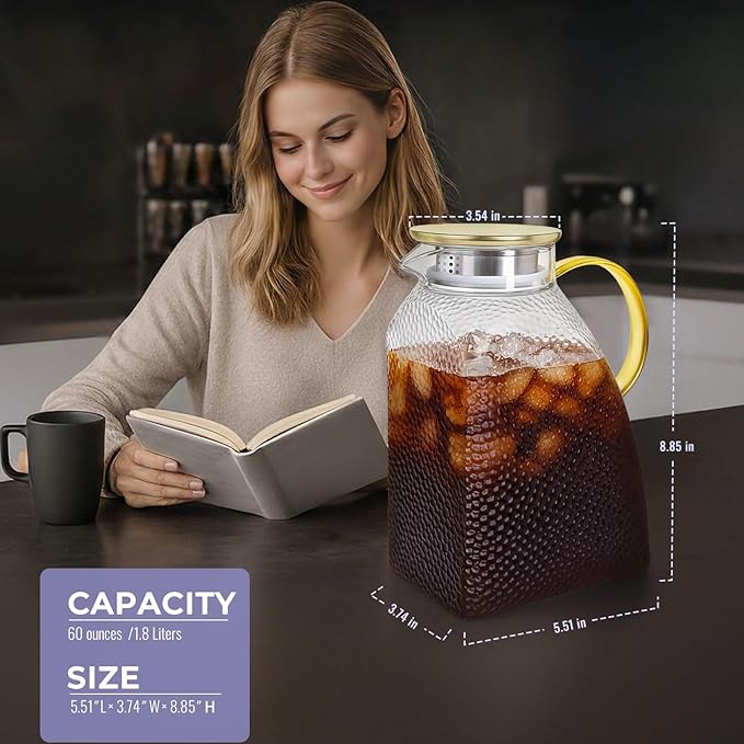 Glass Pitcher With Lid and Spout, 1.8 Liter 60 oz Glass Pitchers With Handle And Lid, Jug Water Pitchers For Fridge, Carafe Jar for Hot/Cold Water Iced Tea Juice Coffee Milk Beverage