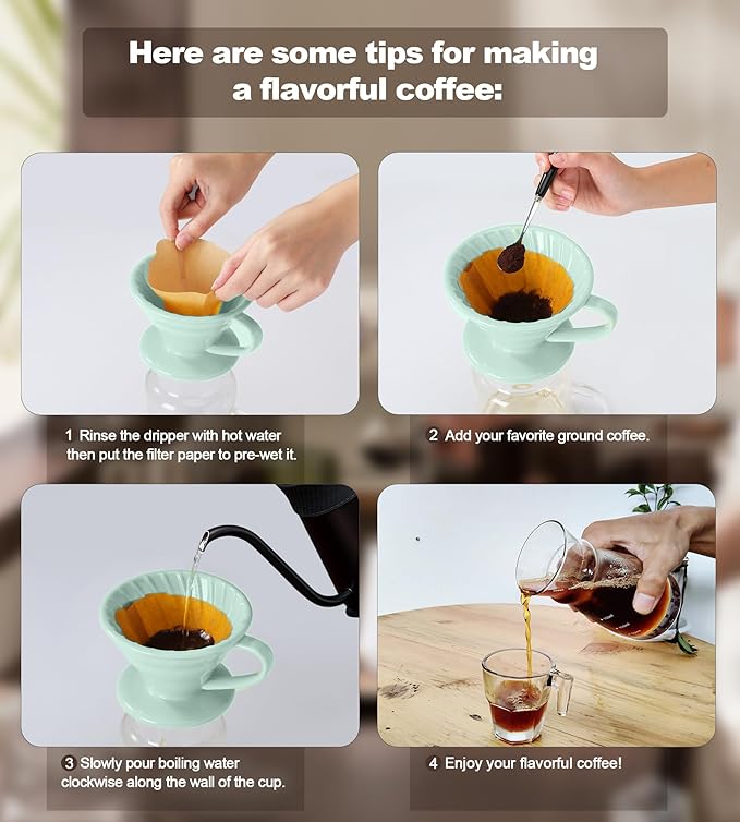 Pour Over Coffee Dripper - Ceramic Cup, Pour Over Coffee Maker Cone, Porcelain Cone, Easy Manual Brew Maker - Strong Flavor Brewer for Home, Cafe, Office - 1-4Cup, V60 Size 02 (Lake Green)