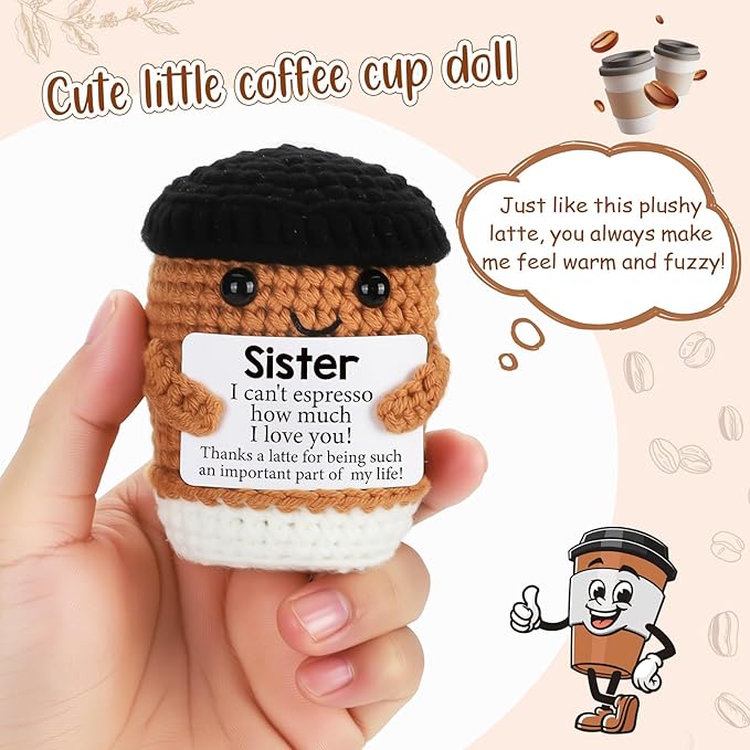 Mini Funny Coffee Sister Birthday Gifts from Sister, Graduation Soul Sister Friend Gifts for Women Girls Presents, Handmade Crochet Coffee Inspirational Cheer up Emotional Gift Desk Decor