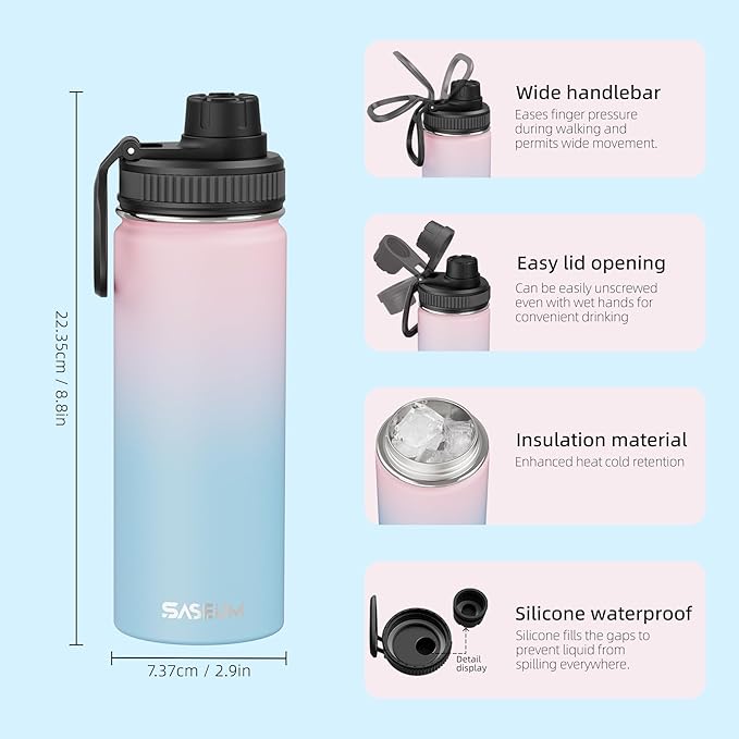 SASEUM Sport Water Bottle 18oz Stainless Steel Double Wall Vacuum Thermal Mug with Leak Proof Spout Lids, Wide Mouth Metal Insulated Water Jug for Gym and Travel（Blue Pink）