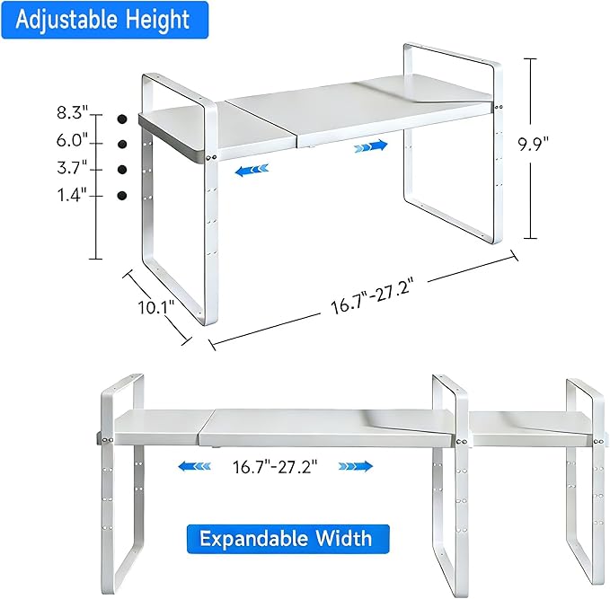 KIKIBRO Expandable Cabinet Shelf Organizer, Stackable Kitchen Pantry Counter Storage, Adjustable Closet Cupboard Stand Rack Risers Spice Organization 80LBS Heavy Duty White Large 2 Pack