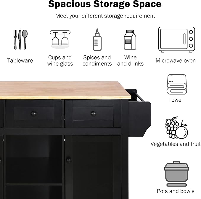 Yayzy Rolling Kitchen Island with Drop Leaf, Cabinet Door Storage Racks & 3 Drawers, Mobile Kitchen Cart with Rubberwood Top & Locking Wheels for Dining Room & Kitchen, 53-Inch, Black