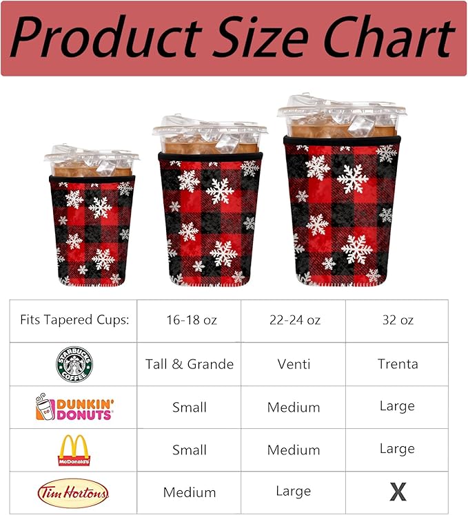 Neoprene Iced Coffee Sleeve 3 Pack, Reusable Insulated Cup Holder with Red Buffalo Plaid Snowflake Pattern, Fits 16–32 oz Tumblers, Compatible with Starbucks & Dunkin