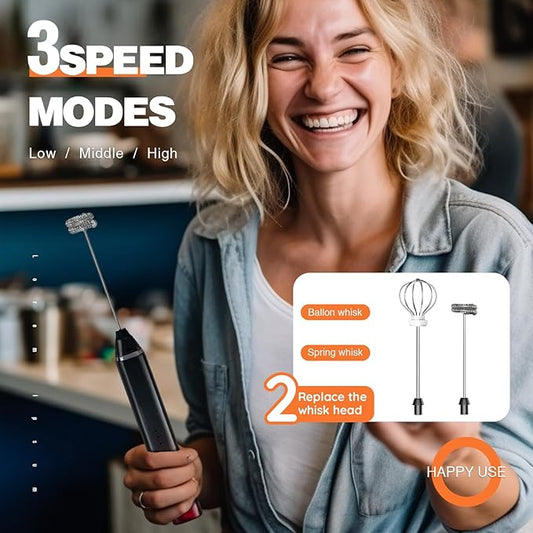 Milk Frother Rechargeable Handheld Electric Whisk Coffee Frother Mixer with 3 Stainless whisks 3 Speed Adjustable Foam Maker Blender for Coffee Matcha Latte Cappuccino Hot Chocolate（Black Red）
