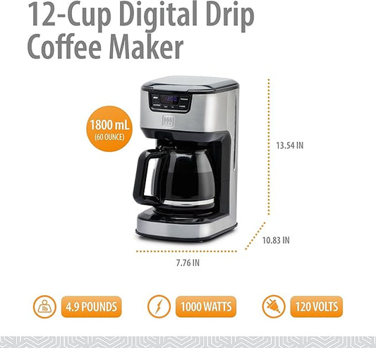 Toastmaster 12-Cup Digital Drip Coffee Maker - Programmable Automatic Coffee Machine - Kitchen Appliance with Keep Warm Setting