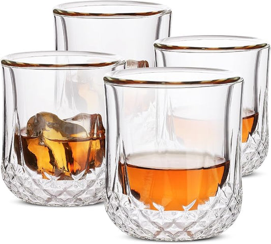BTaT- Double Walled Drinking Glass, 4 Pack, 7 oz, Stylish Insulated Rocks Glass for Hot and Cold Beverages, Whiskey, Bourbon, Vodka and Scotch