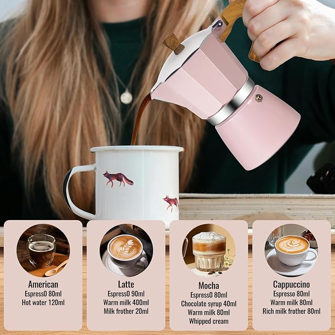 Vaolvpant 6 Cup Aluminum Moka Pot Classic Stovetop Espresso Coffee Maker 300ml 10oz Coffeemaker Percolator Mocha Pot Greca Coffee Maker Cafe Makers for Italian and Cuban Café Brewing Pink