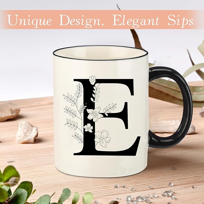 Monogram Ceramic Coffee Mugs, 11 oz Initial Drinking Cup with Gift Box, Unique Birthday Christmas Gifts for Women Wife Mothers Day Grandma Mom Aunt, E