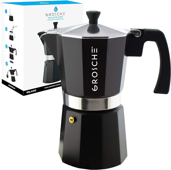 GROSCHE Milano Moka pot, Stovetop Espresso maker, Greca Coffee Maker, Stovetop coffee maker and espresso maker percolator (Black, 12 cup)