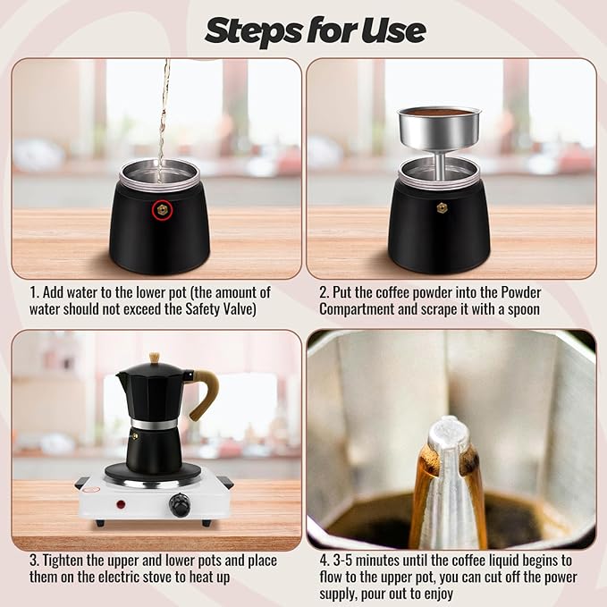 Vaolvpant 3 Cup Aluminum Moka Pot Classic Stovetop Espresso Coffee Maker 150ml 5oz Coffeemaker Percolator Mocha Pot Greca Coffee Maker Cafe Makers for Italian and Cuban Café Brewing Black