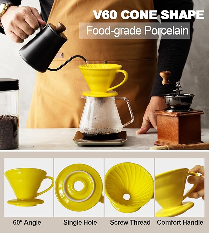 Pour Over Coffee Dripper - Ceramic Cup, Pour Over Coffee Maker Cone, Porcelain Cone, Easy Manual Brew Maker - Strong Flavor Brewer for Home, Cafe, Office - 1-4Cup, V60 Size 02 (Bright Yellow)