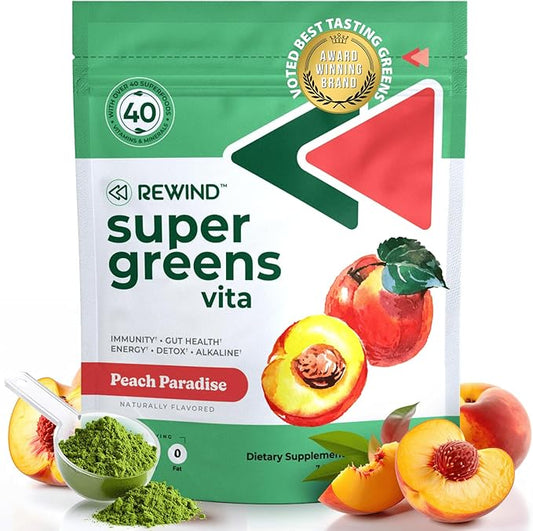 Rewind Best Tasting Super Greens Powder with 40+ Superfoods – Delicious Daily Green Powder with Vitamin B12, Zinc, Vitamin C, Magnesium & Calcium – Green Juice Superfood Mix - Peach Flavor