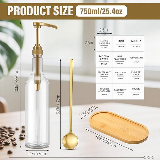 LemonRoad 2 Pack Coffee Syrup Dispenser for Coffee Bar 25.4 oz 750ml Plastic Syrup Dispenser Bottles with Bamboo Tray Pumps Scoop and Labels for Kitchen Bar Accessories
