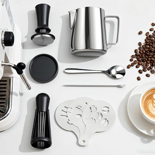 51mm Espresso Tamper Kit - 22 Pcs Barista Tools Set with Espresso Press Tool, Coffee Tamper, Milk Jug, Mat, Stencil & More for Professional Coffee Making