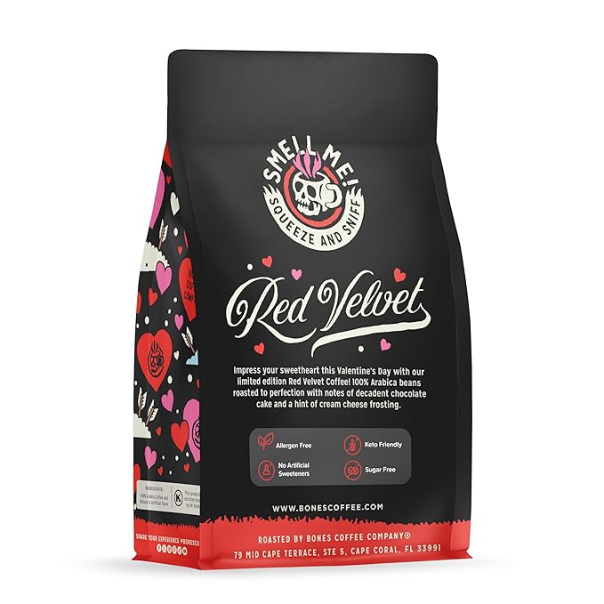 Bones Coffee Company Red Velvet Flavored Coffee Beans, Medium Roast Ground Coffee Low Acid, Red Velvet Cake Flavor (12 oz)