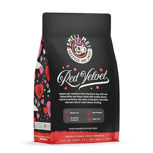 Bones Coffee Company Red Velvet, Red Velvet Cake Flavored Coffee, Medium Roast Low Acid Arabica Beans Compatible with Auto drip and French Press Coffee Maker, 12 Oz Whole Bean