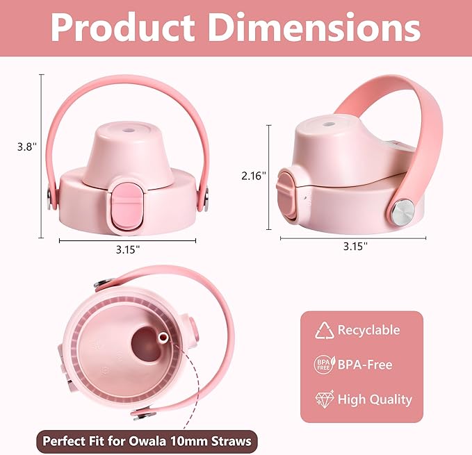 2 IN 1 Replacement Lid for Owala Freesip, Compatible with Owala Cup 16oz 24oz 32oz 40oz, One Button Water Bottle Top Lid Replacement Accessory and Straws, Leakproof, BPA-Free, Pink